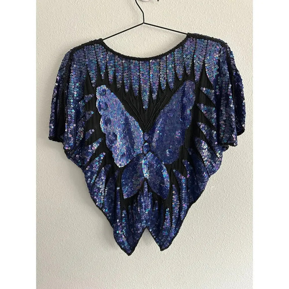 Vintage 70s/80s BUTTERFLY Bluish purple sequin and beaded cape blouse top Sz M - Picture 12 of 15